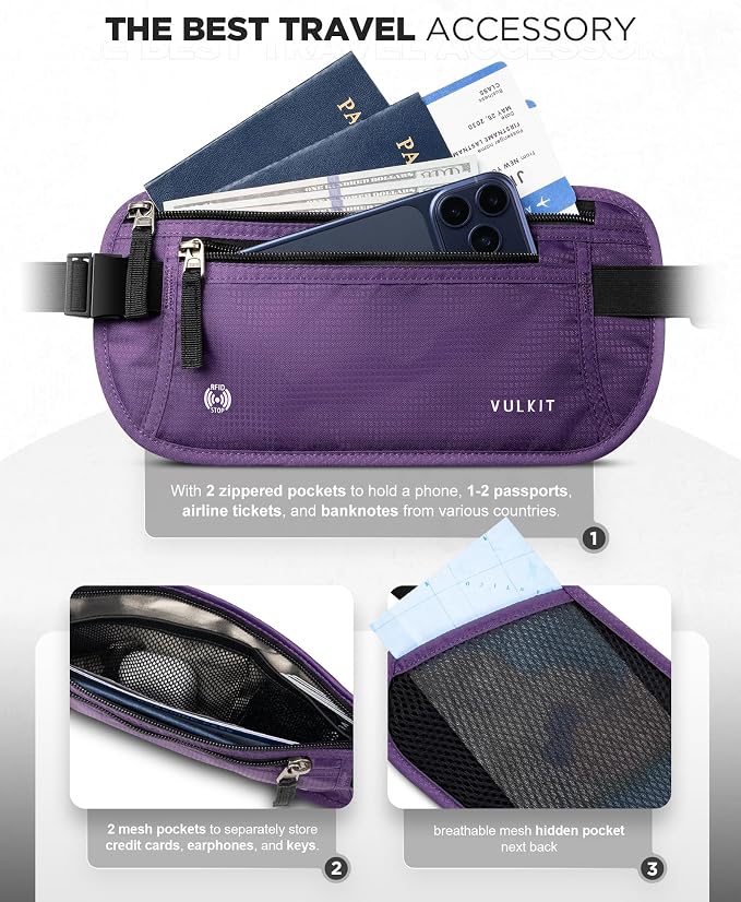 VULKIT Money Belt for Travel, Hidden Passport Holder, Anti-Theft Travel Wallet Under Clothes, RFID Blocking Waist Pouch, Undercover Fanny Pack, Violet Purple - Image 3
