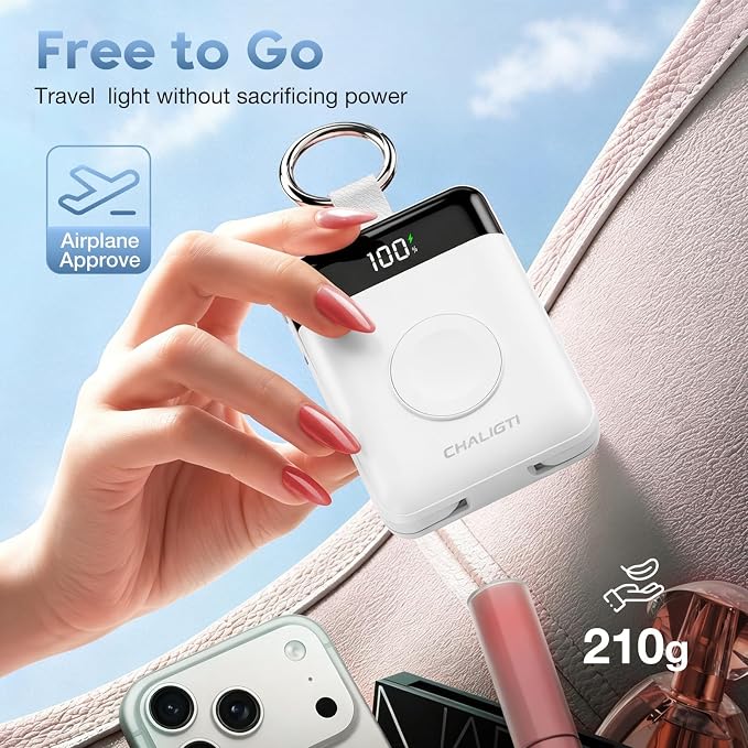 10000mAh Portable Charger,22.5W Power Bank& iWatch Charger,White | LED Display,Built-in Cables,Super Fast Charging,Travel Keychain Battery Pack for iPhone 17/16/15/14/13/12,Apple Watch Series - Image 6