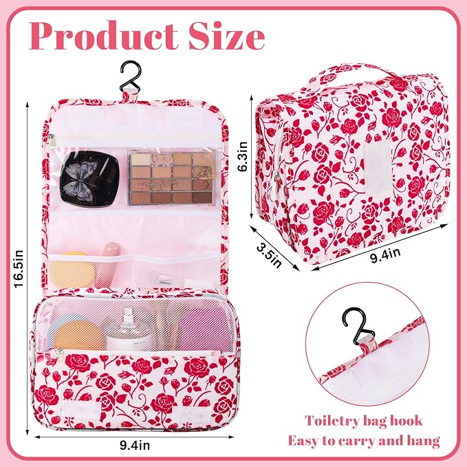 Hanging Toiletry Bag, Waterproof Makeup Organizer With Hook, Red Rose | 4 Compartments, Clear Pocket, Carry Handle, Fold-Out Design, For Travel, Bathroom, Camping, Kids And Teen Girls - Image 2