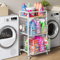 Hongtamoya 3 Tier Laundry Room Cart with Pull-Out Baskets, Storage Cart with Wheels, Rolling Cart with Wood Top Metal Bathroom Laundry Room Organization Mobile Shelf Unit Organizer Trolley, White by Hongtamoya