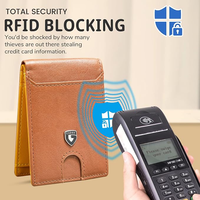 GSOIAX Slim Wallet for Men RFID Blocking Bifold Wallet Carbon Fiber Front Pocket Wallet with 11 Card Holder Minimalist Mens Wallet with Gift Box(Z-Brown and Yellow) - Image 6