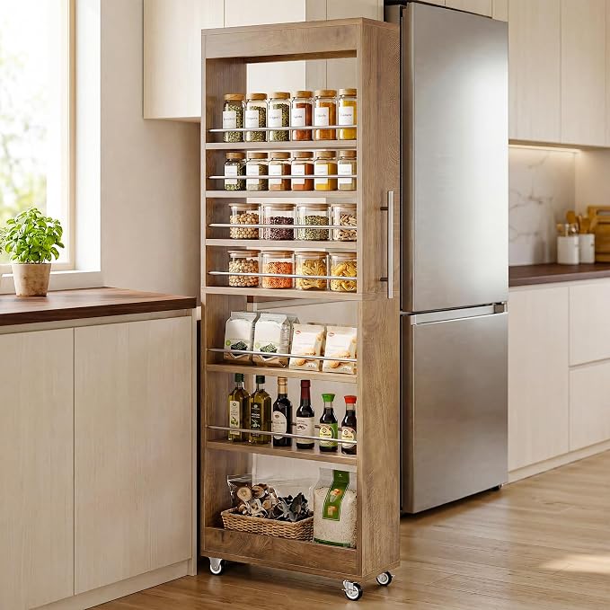 Tribesigns 73" Tall Slim Storage Cart on Rubber Wheels, 7-Tier Narrow Pantry Cabinet, Rolling Skinny Spice Rack Organizer Next to Fridge, Wooden Pull-Out Storage Shelf for Kitchen Small Spaces, Brown - Image 3
