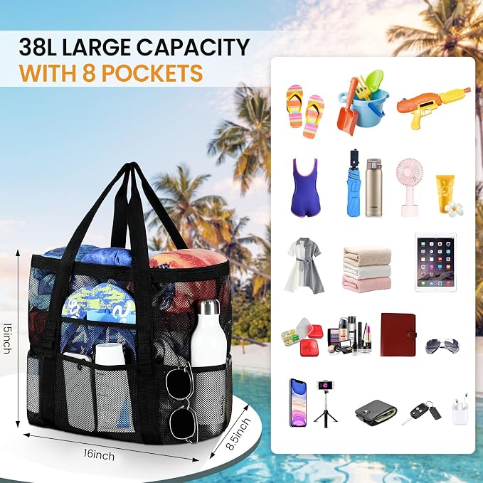 Tavaleu Mesh Beach Bag, Large Capacity Beach Tote, Multi Pockets, Sandproof | Mesh Material, Multiple Storage Pockets, Lightweight & Foldable Design, For Beach & Pool Use, Easy to Clean & Quick Dry - Image 3
