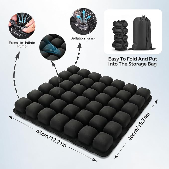 Sondour Travel Cushion Airplane Seat for Long Flights,42 Airbags Cushion | Press-Type Inflatable Wheelchair Seat Cushion for Car,Office,Stadium,Ergonomic Comfort Support Pressure Relief-Black - Image 3