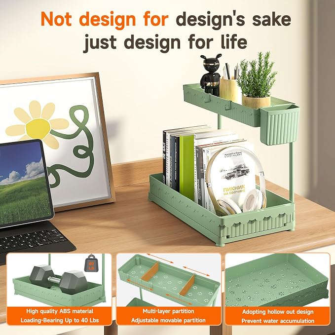 3-Pack 2-Tier L-Shaped Under Sink Organizers with Sliding Drawers | Multi-use kitchen & bathroom storage, 14.85 inch green cabinet organizer, space-saving sliding drawer design. - Image 5