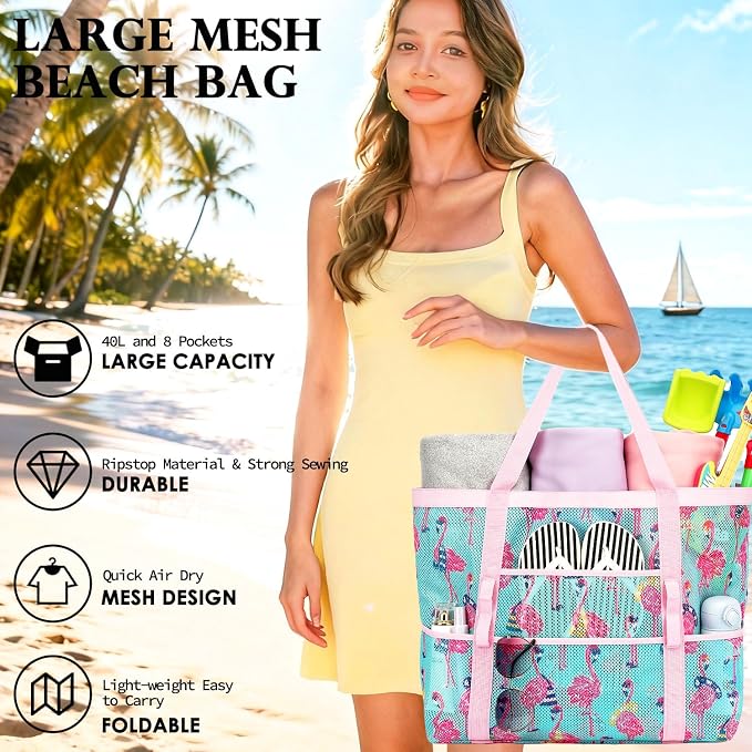 Fammart Mesh Beach Bag for Women, Large Beach Toy Pool Bag with Zipper Pocket, SandProof Cruise Essentials 2026 Family Travel - Image 3