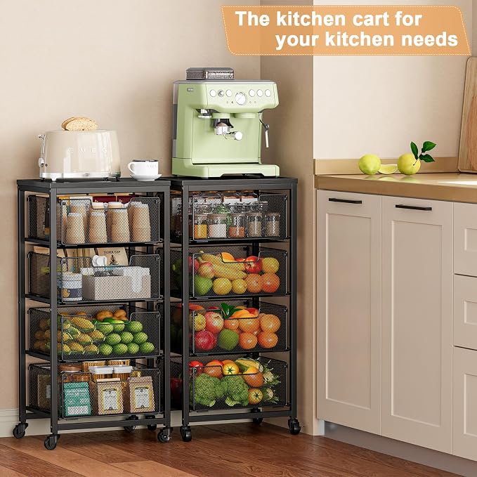 4-Tier Fruit Vegetable Storage Cart - Kitchen Organizer and Storage Cart with Wheels, Wooden Top Metal Wire Fruit Vegetable Rack Stand with Drawers to Storage Cans Snacks for Kitchen(Patent Pending) - Image 3