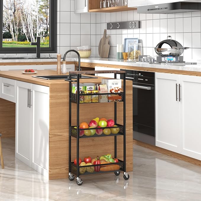 XYZLVSI Utility Slim Storage Cart, 4 Tier Kitchen Narrow Shelf on Wheels | 7.1" W skinny rolling cart with wooden top and metal handle, ideal for bathroom/dorm/office, between washer and dryer storage - Image 7