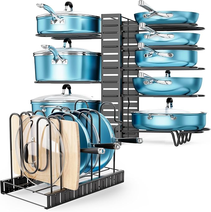 Pots and Pans Organizer Under Cabinet 16.6" 8-Tier Adjustable 2-Pack | 3 DIY Modes, Tool-Free Assembly, Non-Slip, Fits Lightweight Pots Up to 11", For Kitchen Cabinets, Shelves & Countertops - Image 5