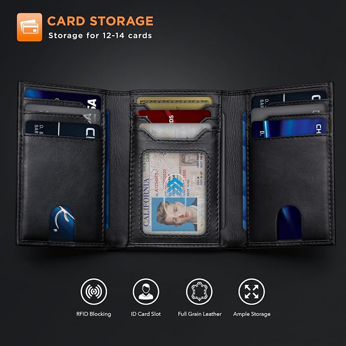 SERMAN BRANDS Trifold Wallet for Men - RFID Blocking Genuine Leather, 11 Card Slots & ID Window, Slim Everyday Carry, Durable Stitching, Gift for Him - Image 4