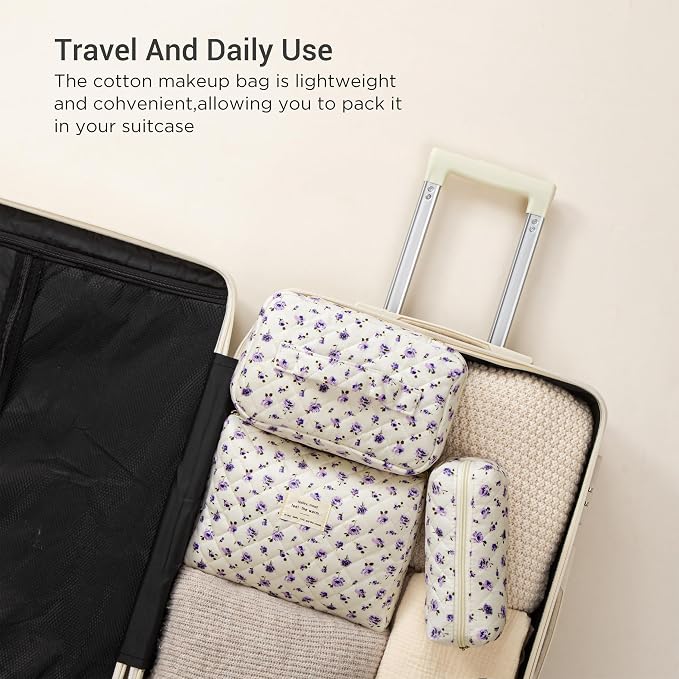 HBselect Quilted Makeup Bag, 3Pcs Cotton Large Travel Makeup Bags Organizer | Cute Floral Make up Bag Cosmetic Bag Toiletry Bag for Women Girls, Makeup Pouch for Skincare, Brushes & Travel Essentials - Image 4