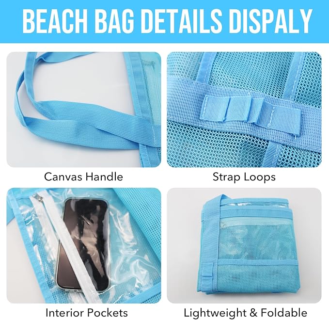 Large Mesh Beach Tote Bag, 9-Pocket Foldable Summer Vacation Beach Bag for Travel, Pool, Gym, Cruise - Image 6