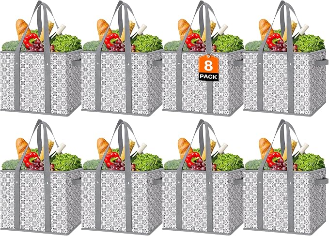 Reusable Grocery Bags 8 Pack, Foldable & Water Resistant Shopping Bags | Large Grocery Tote Bag Water Resistant Shopping Bags Foldable Grocery Bag for Clothes,Shoes and Picnic by WiseLife