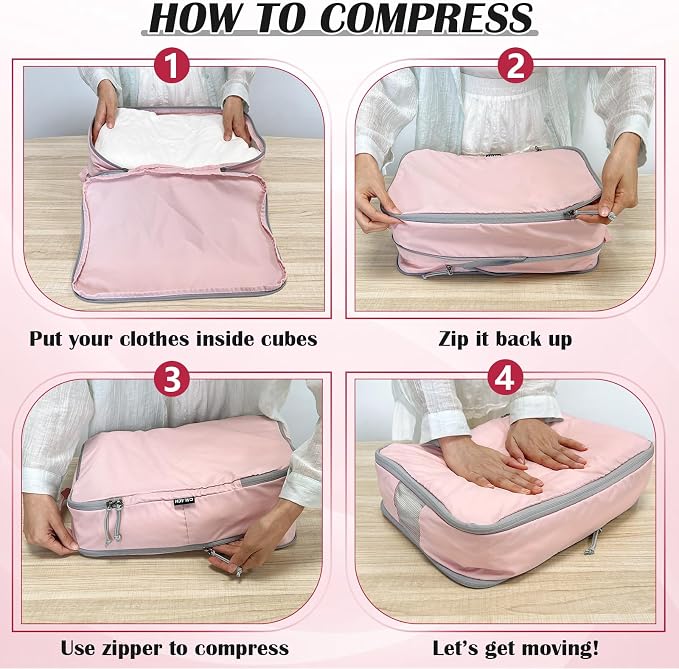 Compression Packing Cubes for Travel Suitcase Organizer Bags, Pink, L | Expandable Travel Cubes for Packing Luggage Organizer Bags Compression Bags for Travel Essentials - Image 6