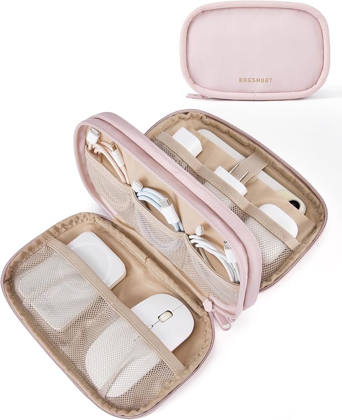 BAGSMART Electronics Organizer Travel Case for Cords Chargers Phones, Pink | Puffy Padded, Travel Essentials, Cord organizer bag for Cables, Compact Tech Accessories Pouch by BAGSMART