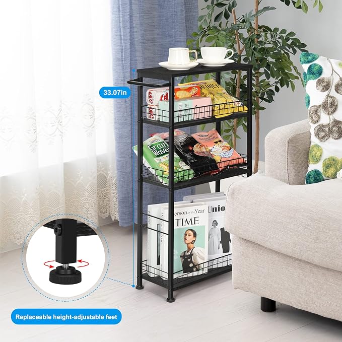 YBING Slim Storage Cart Kitchen Rolling Utility Cart on Wheels 4 Tier Mobile Narrow Cart with Wood and Metal Handle Slide Out Storage Shelving Unit Cart for Kitchen Living Room Small Places Black - Image 6