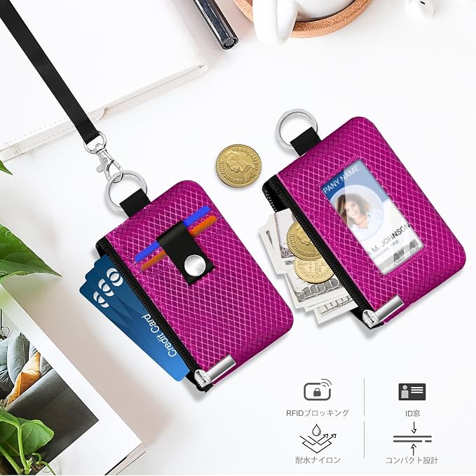 Minimalist RFID Blocking Small Wallet with ID Window,WaterResistant Zip Id Case Wallet with Lanyard Keychain for Cards,Cash,Travel,Women,Men (Purplish Red) - Image 8