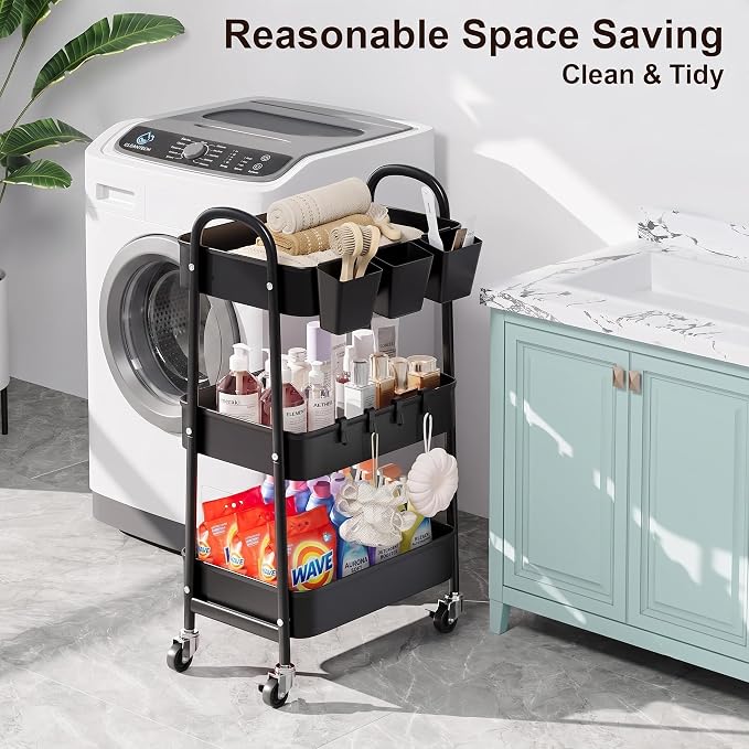 3 Tier Metal Rolling Cart with Lockable Wheels,Black Three Tiered Art Carts | Utility Storage Organizer Caddy on Wheels for Bathroom, Kitchen, Laundry, Garage, Office, Paint,Craft, Baby,Diaper,Snack,Book - Image 3
