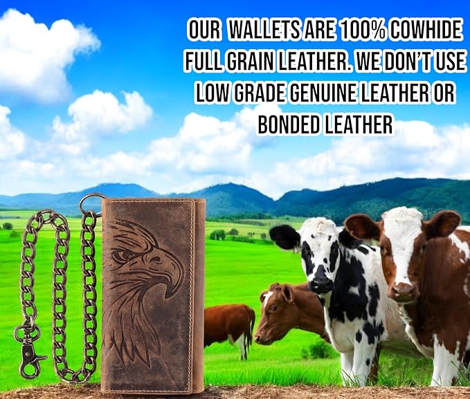 F&L CLASSIC RFID Blocking Mens Tri-fold Long Style Cowhide Leather Steel Chain Wallet,brown eagle head,212-102 - Image 5