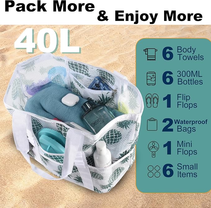CaCTOUR Mesh Beach Bag,Large Beach Bags for Women with 8 Pockets,Packable Tote Bag for Beach Cruise Pool Vacation Essentials - Image 6