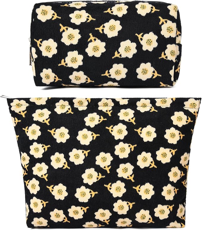 SOIDRAM 2 Pieces Flower Makeup Bag Large Cosmetic Bag Capacity Canvas Mix Travel Toiletry Bag Organizer Cute Makeup Brushes Aesthetic Accessories Storage Bag for Women, Flower Mix Black by SOIDRAM