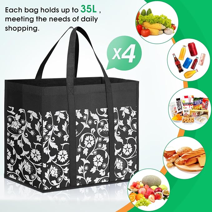 Reusable Grocery Bags Foldable Tote Bags bulk Shopping Bags 4-Pack, Black | Reinforced Handles Shopping Bags for Groceries Heavy Duty Kitchen Reusable Grocery Bags with Waterproof Coating - Image 5