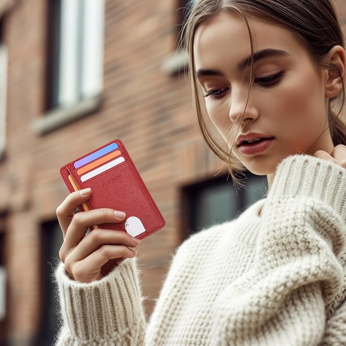Buffway Slim Minimalist Front Pocket RFID Blocking Leather Wallets for Men and Women - Cross Red - Image 7