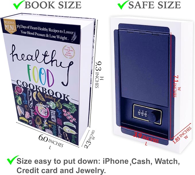 Cookbook Book Safe with Real Paper Pages - Healthy Food Theme Kitchen Diversion Safe with Key Lock & 2 Keys - 9.3"x6.1"x2.3" Hidden Storage Compartment Metal Security Box (Health Food-Key) - Image 8