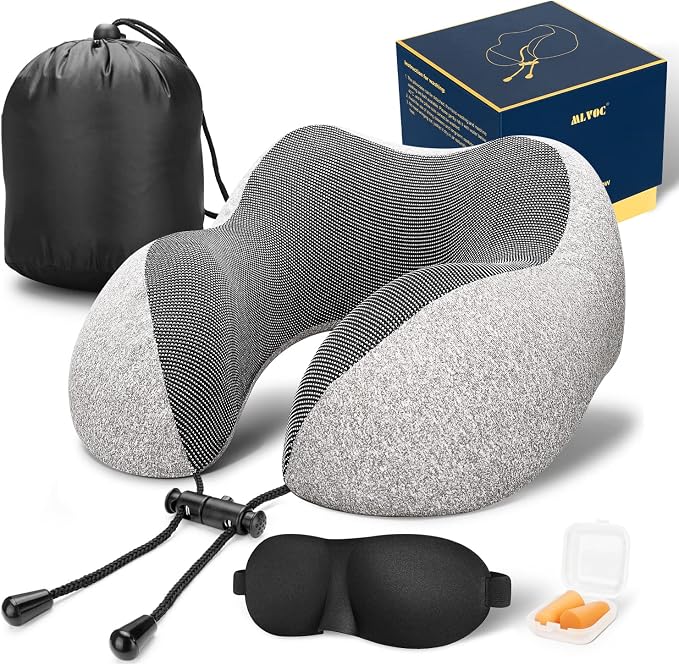 MLVOC Neck Pillow for Traveling, Upgraded 100% Pure Memory Foam Travel Neck Pillow for Airplane Flight Sleep, Breathable & Machine Washable Cover, Travel Kit with 3D Eye Mask, Earplugs & Bag, Grey | memor foam by ProfessionalMemoryFoamProductsManufacturers