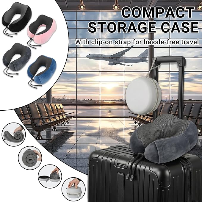 Travel Neck Pillow, 100% Memory Foam, U-Shaped with Storage Box, Dark Gray | 100% memory foam with 360-degree support & adjustable buckle. Compact storage box. Machine washable cover. Fits all necks. - Image 7