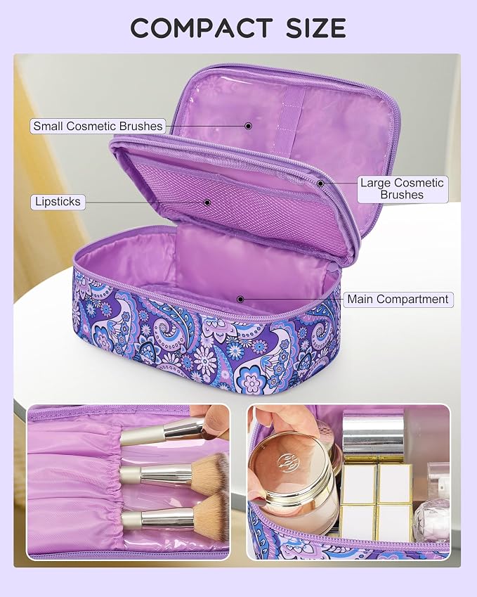 Relavel Small Floral Cosmetic Bag with Makeup Brush Compartment | Portable Makeup Pouch for Women, Double Layer Cute Toiletry Organizer Bag for Accessories, Purple Flower - Image 3