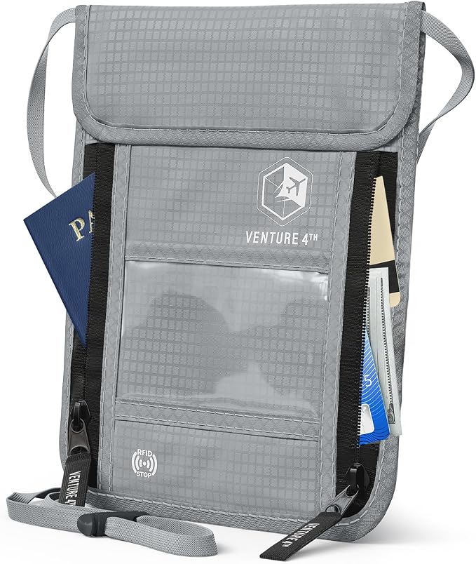 VENTURE 4TH Travel Neck Wallet, RFID Blocking Passport Holder - Silver by VENTURE4TH