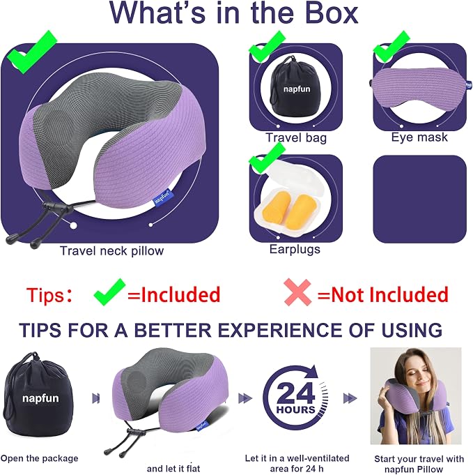 napfun Neck Pillow for Travel with Travel Pouch, Sleep Mask & Earplugs, Memory Foam Airplane Pillow for Headrest Sleep with Eyeshades, Plane Essentials with Eye Blindfold, Light Purple Striped Kit - Image 6