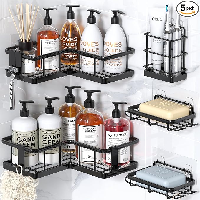 Corner Shower Caddy Adhesive, 100% Rustproof Shower Organizer with Soap and Troothbrush Holder, No Drill Shower Shelf for Inside Shower, Wall-Mounted Shower Storage for Homes (5 Pack, Black) by YASONIC