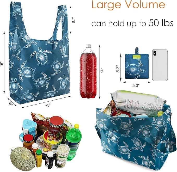BeeGreen Animals Reusable Grocery Bags Turtle Peguins Flamingo Octopus Reusable Kitchen Bags Bulk Foldable-Machine Washable with Zipper Storage Pouch 6 Packs - Image 2