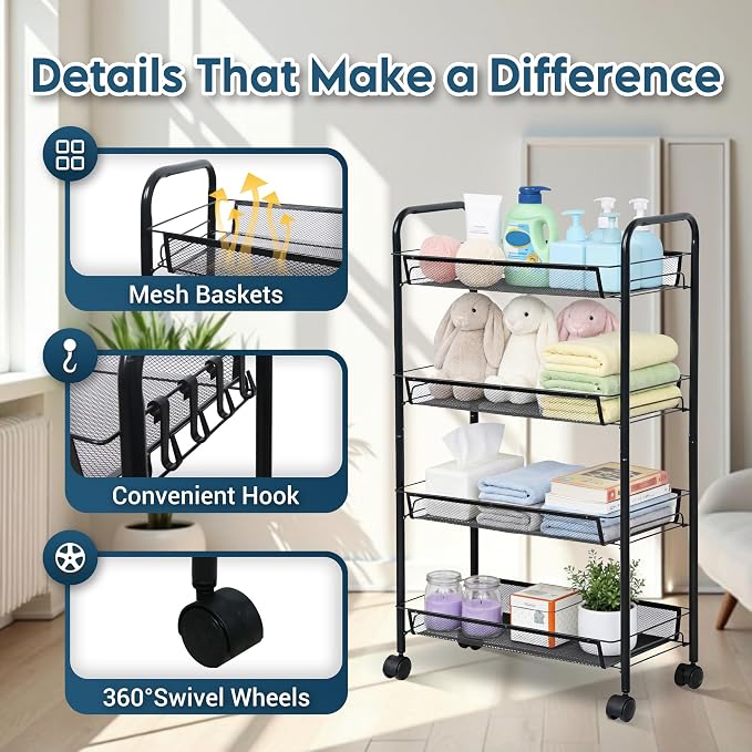 LOFTEY 4 Tier Rolling Cart, Small Metal Utility Cart with Wheels, Black | 10.2" Slim Width, Four Mesh Baskets, 15 lb Load Capacity per Basket, Tool-Free Assembly, Ideal for Bathroom & Snack Storage - Image 5