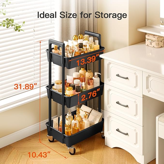 Pipishell 3 Tier Rolling Cart Organizer, Plastic Rolling Cart with Lockable Wheels & Reinforced Handle, Lightweight Utility Storage Cart for Nursery, Kitchen, Craft Room, Black - Image 4