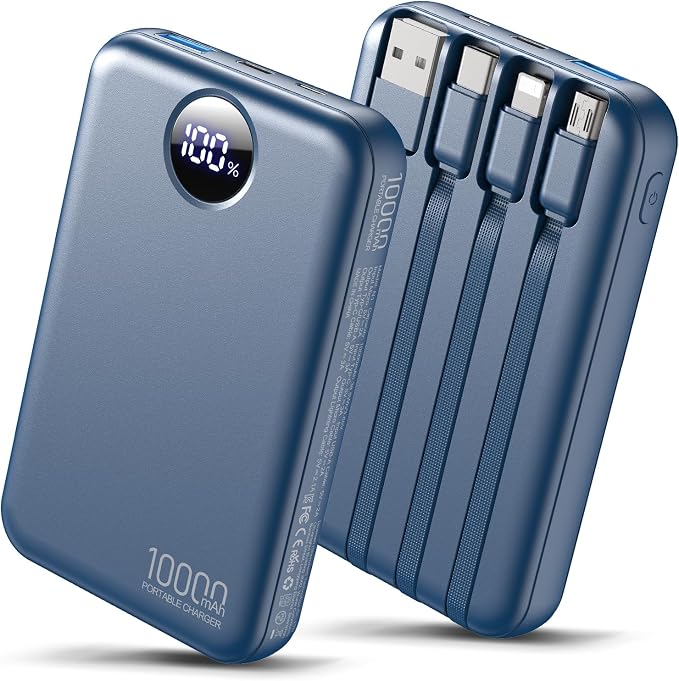 Portable Charger 10000mAh with 4 Built-in Cables 40% Smaller | Power Bank Fast Charging Battery Pack,LED Display Compact with Travel Charger for iPhone Other Devices-Navy by Zmmyuluo