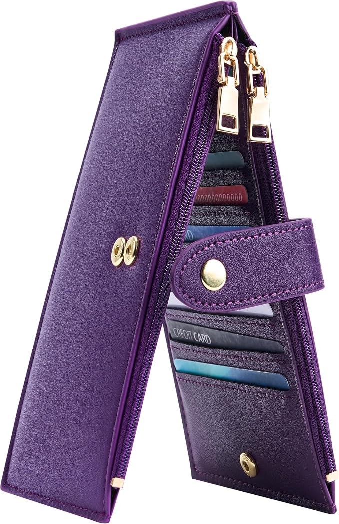 Travelambo Womens Leather Bifold Wallet, Slim RFID Blocking Card Holder | Large Capacity, 16 Card Slots & ID Window, 2 Zipper Pockets, Dual Snap Closure, Slim Lightweight, RFID Privacy Protection by Travelambo