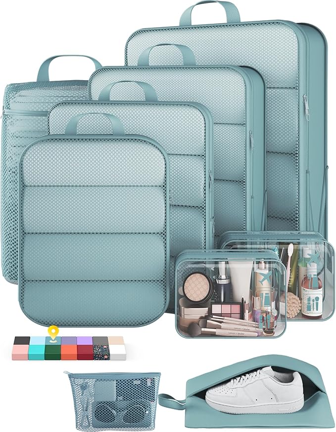 Veken 9/11 Set Compression Packing Cubes Garment Bags for Travel Essentials,Compressible Expandable Luggage Organizer Bags for Clothing,Space Saver Bags with Over 1000 pcs of Mesh Holes(Blue Gray) by Veken