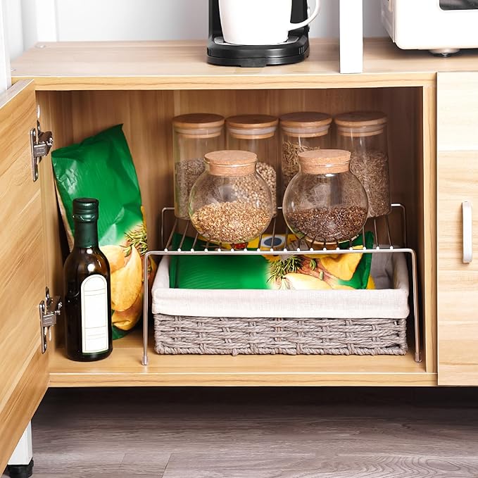 Tomorotec Expandable Kitchen Cabinet Organizer Stainless Steel Shelf Silver | Adjustable from 12.8 to 22.8 Inches Rustproof with Anti-Slip Feet for Pantry Bathroom Closet and Countertop Organization - Image 3
