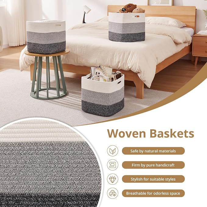 OIAHOMY 13 Inch Cube Storage Bins, 3-Pack Cotton Rope Woven Baskets for Organizing, Insert Storage Baskets for Shelves, Baby Nursery, Closet Organizer, 13 * 13 * 12.6IN, Gradient Gray - Image 5