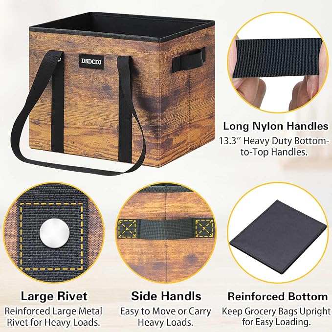 Reusable Grocery Bags - Heavy Duty Reusable Shopping Bags with Hard Bottom & Long Handles, Foldable Large Utility Tote Bag with Box Shape to Stand Up - for Kitchen, Picnic, 3 Pack, Rustic Brown - Image 6