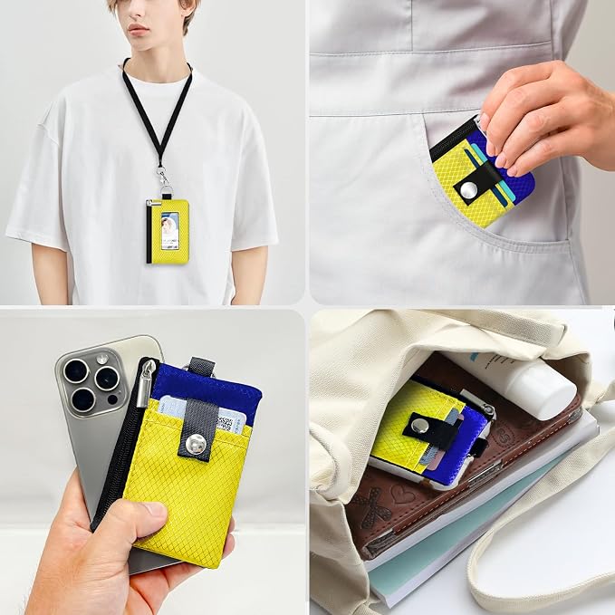 Minimalist RFID Blocking Small Wallet with ID Window,WaterResistant Zip Id Case Wallet with Lanyard Keychain for Cards,Cash,Travel,Women,Men (Lemon Yellow/Sapphire Blue) - Image 9