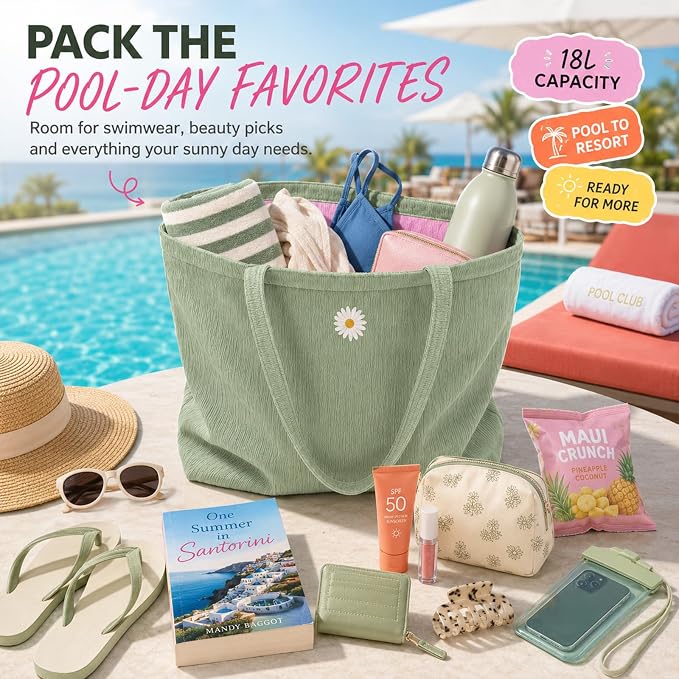 CYD Vacation Tote Bag for Women, Reversible Pink Green Beach Carryall | Vacation tote bag for women and pool bag for women with reversible style, outer pockets and soft packable comfort. - Image 6