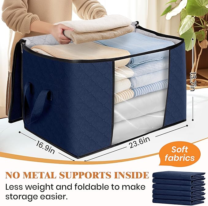90L Clothes Storage, Foldable Thick Fabric Blanket Storage Bags | Foldable Containers with Zippers,Window and Handles for Organizing Bedroom, Closet, Comforter, Bedding,Dorm essentials - Image 2
