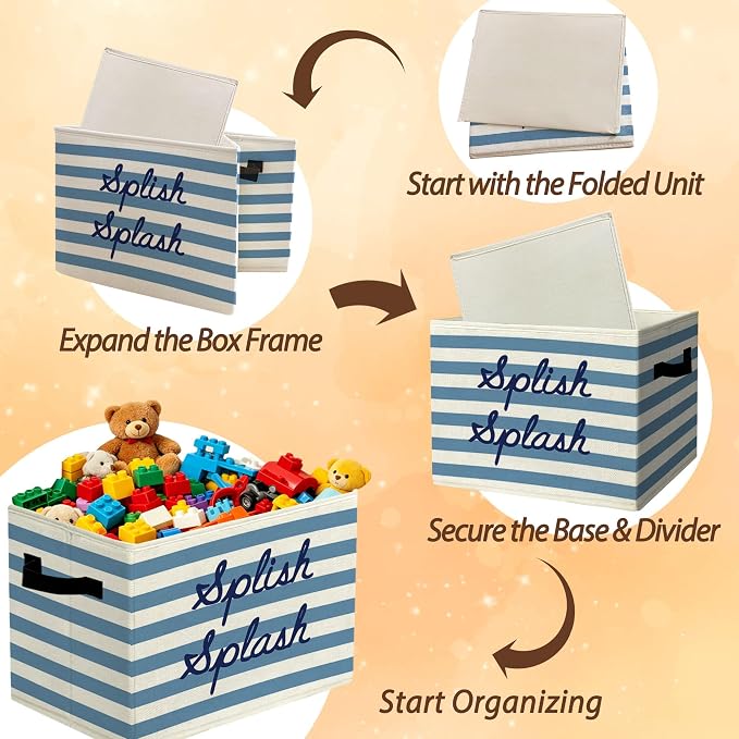 Boho Bath Time Affirmation Storage Bins Box with Handles Organizer Basket | cheerful calming foldable basket for organizing, blue striped collapsible toys clothes for playroom nursery bedroom, 10x14 in - Image 6