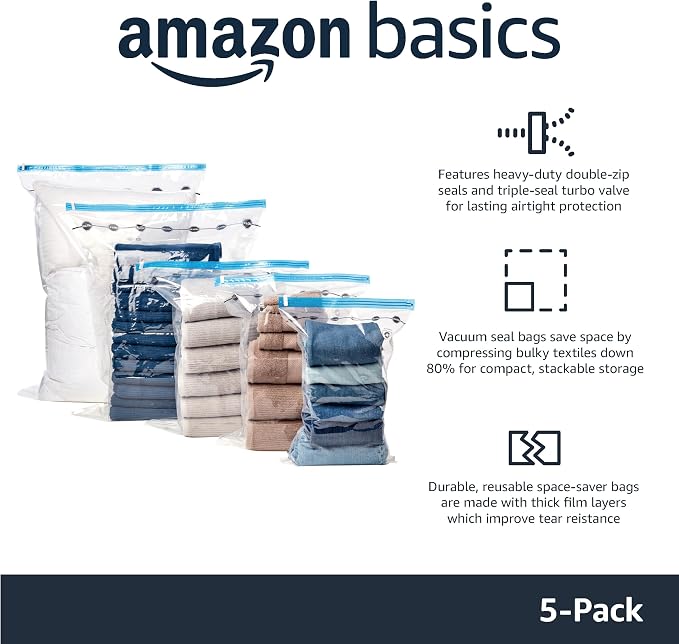 Amazon Basics Vacuum Storage Bags for Clothes, Compression Zipper with Hand Pump, Medium, White, Sky Blue, 5-Pack - Image 2