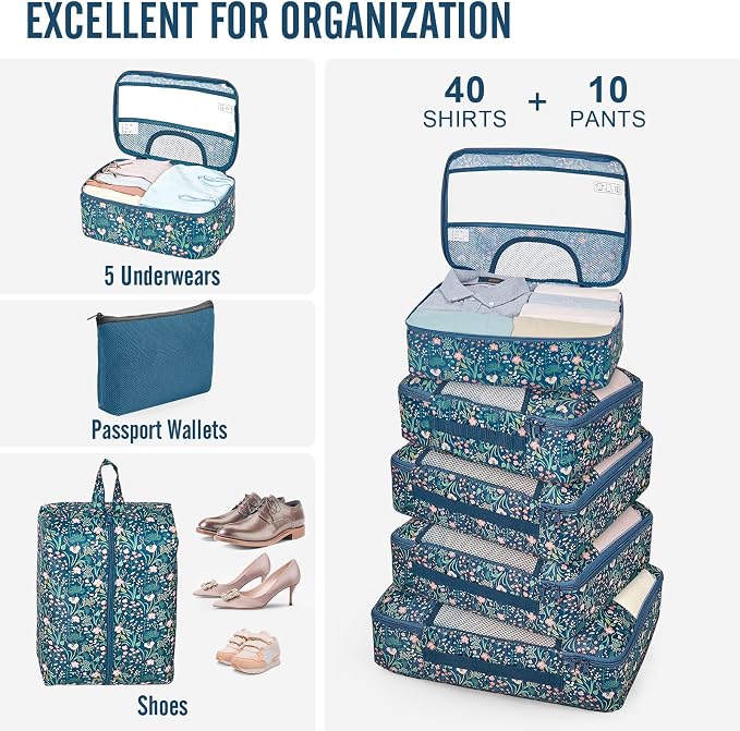 Veken 10 Set Packing Cubes for Travel Essentials,Anti-Wrinkle Buckled Suitcase Organizer for Shoe & Toiletry Bag,Carry On Luggage Bag with 99+ Count Mesh Holes for Airplane & College Dorm Accessories - Image 6