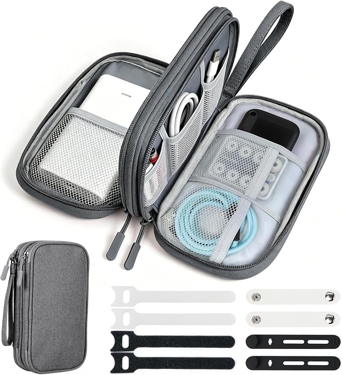 Double Layer Cable Organizer Bag, Travel Tech Pouch, Dark Gray | Water-resistant Oxford fabric with 8 compartments and padded lining for charger protection. Includes 8 cable ties. by Woyinger